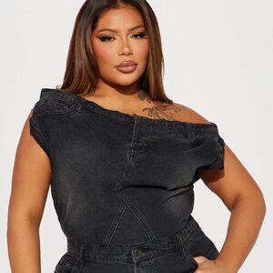 Off-the-shoulder non stretch-denim wide-leg jumpsuit